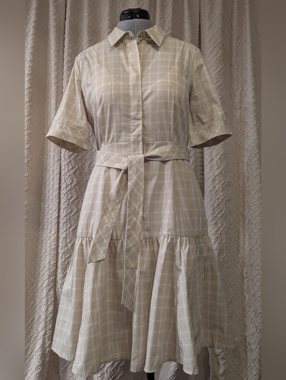 Calvin Klein WITH POCKETS Beige Plaid Tiered Dress